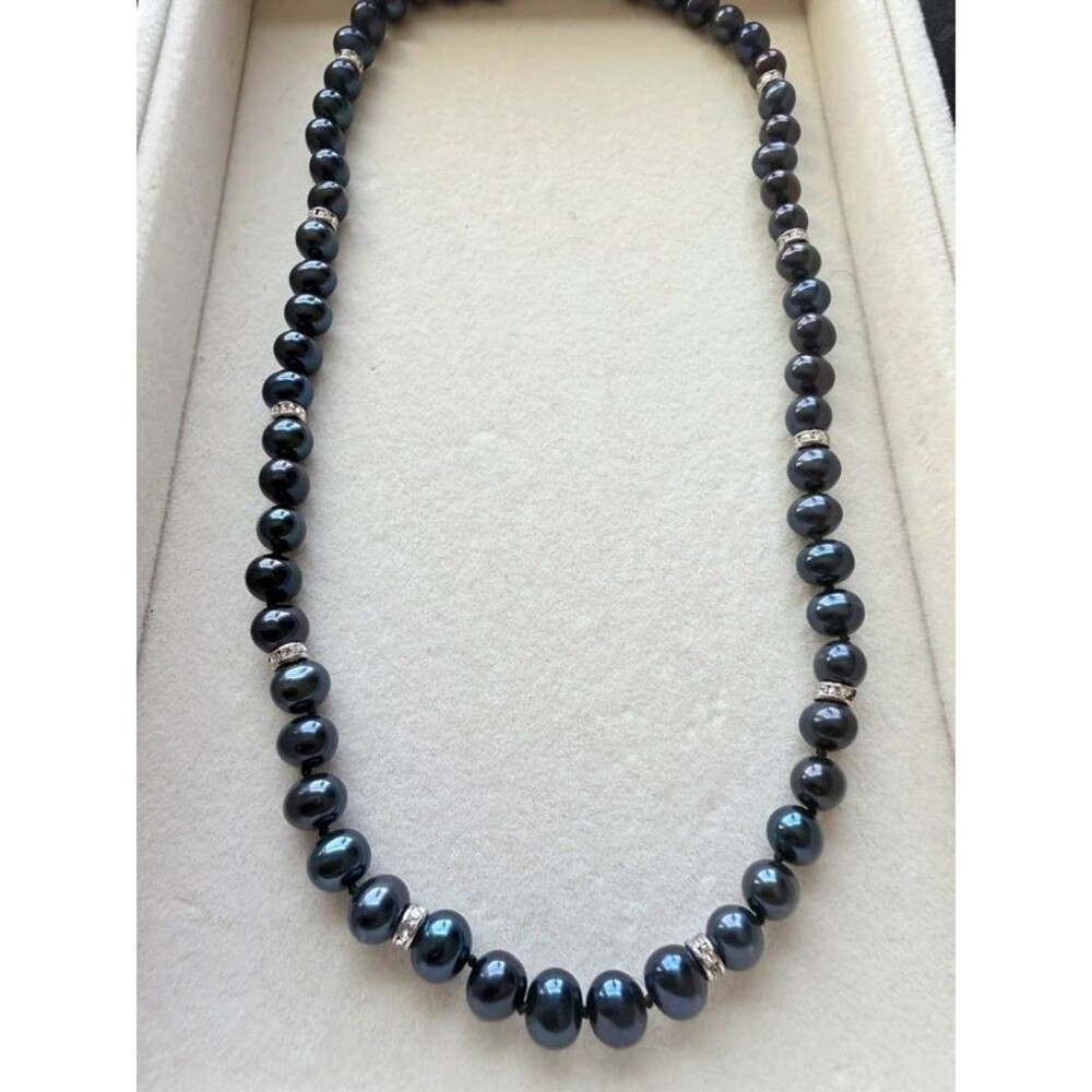 Black Real  Freshwater Pearl Necklace with Sterling Silver Clasp and Accents